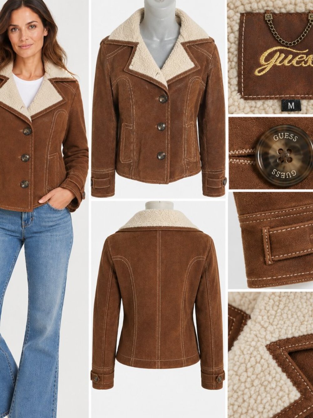 Guess Brown Suede Sherpa Lined Jacket Sz M Y2K Western Button Front Cozy Vintage